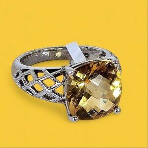 925 Sterling Silver Ring Sz 7 with Natural Cusion-Cut Citrine 11x11mm Gemstone